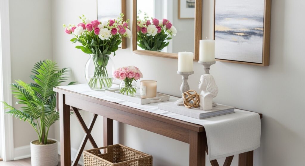 Styled entry table with flowers and decor accents