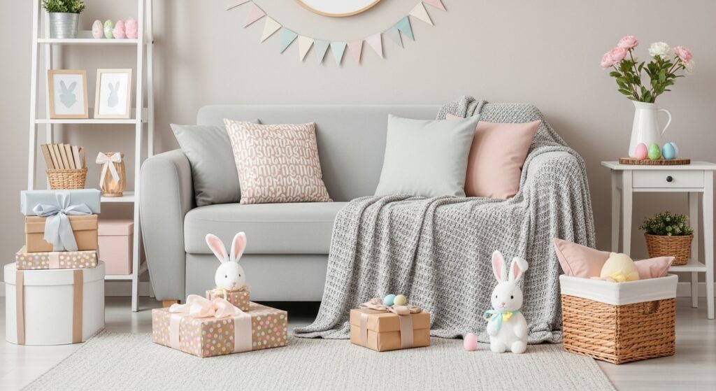Living room with Easter-themed decor and pastel tones