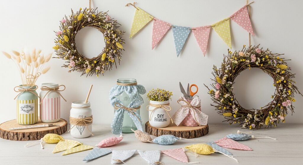 Handmade spring crafts and decor setup