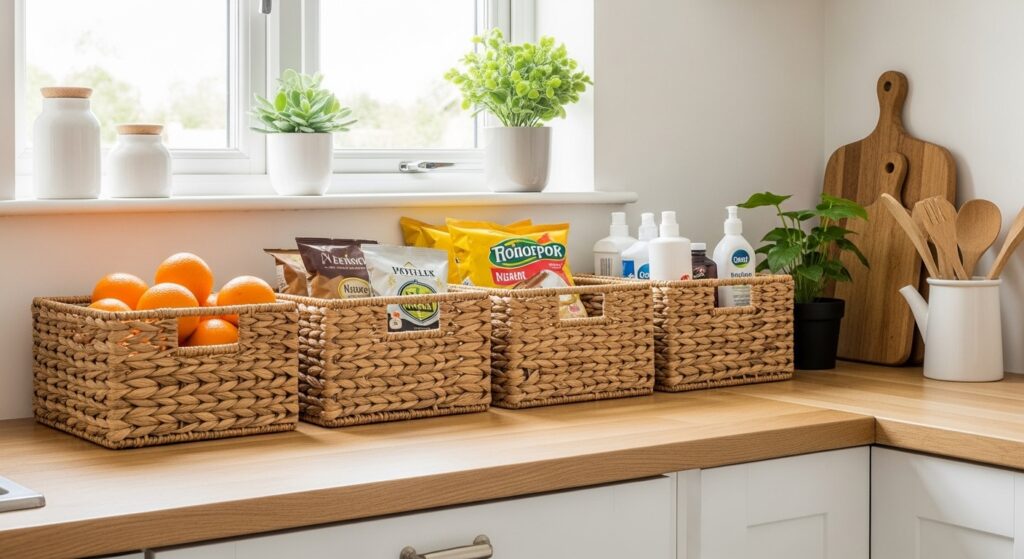 Woven kitchen storage baskets