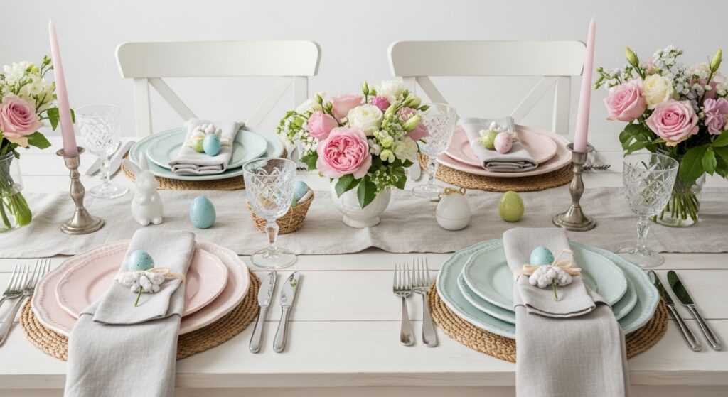 Easter table setup with pastel plates and flowers