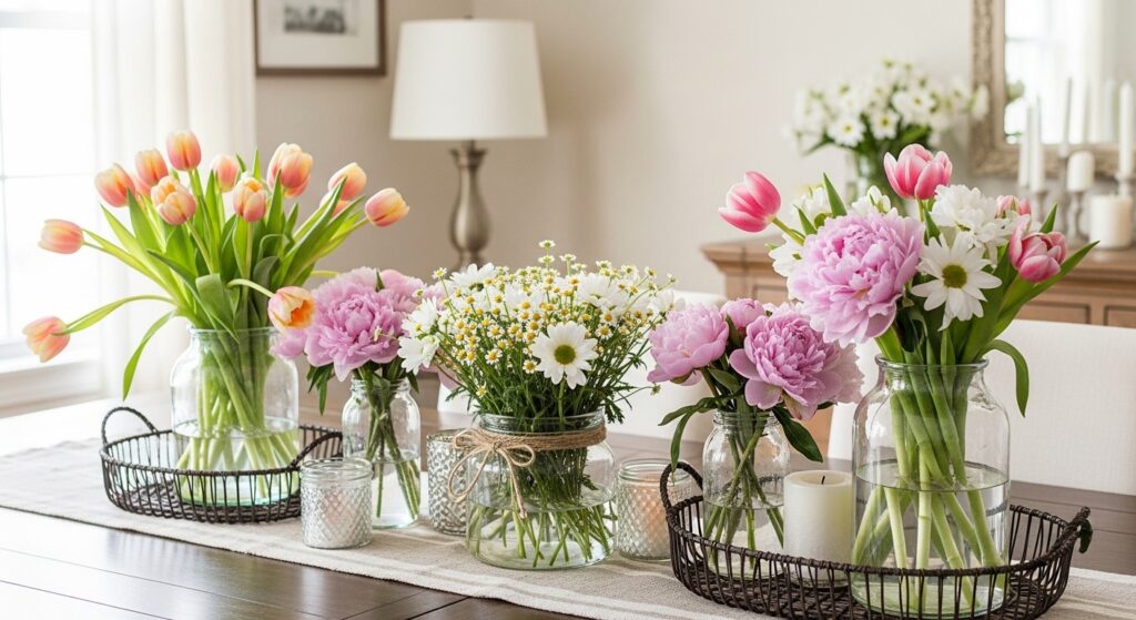 Soft pastel floral centerpiece on dining table