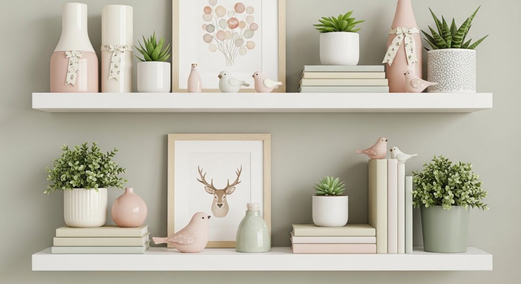 Decorated shelf with pastel accents and small plants