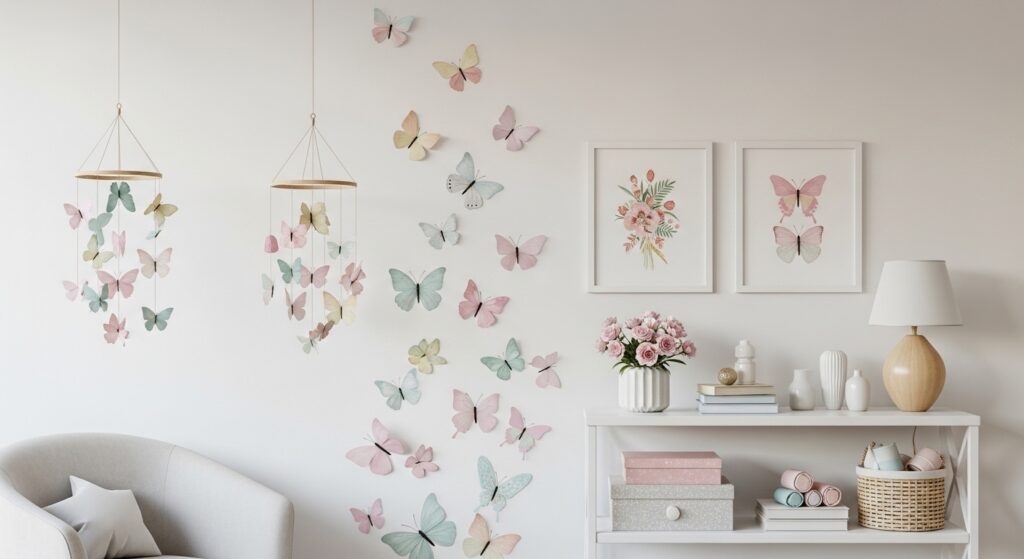 Wall with butterfly decorations in pastel tones