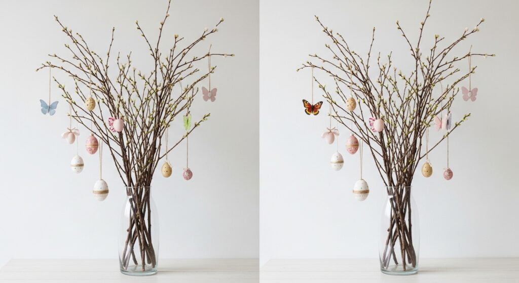 Decorative branches in vase with hanging ornaments