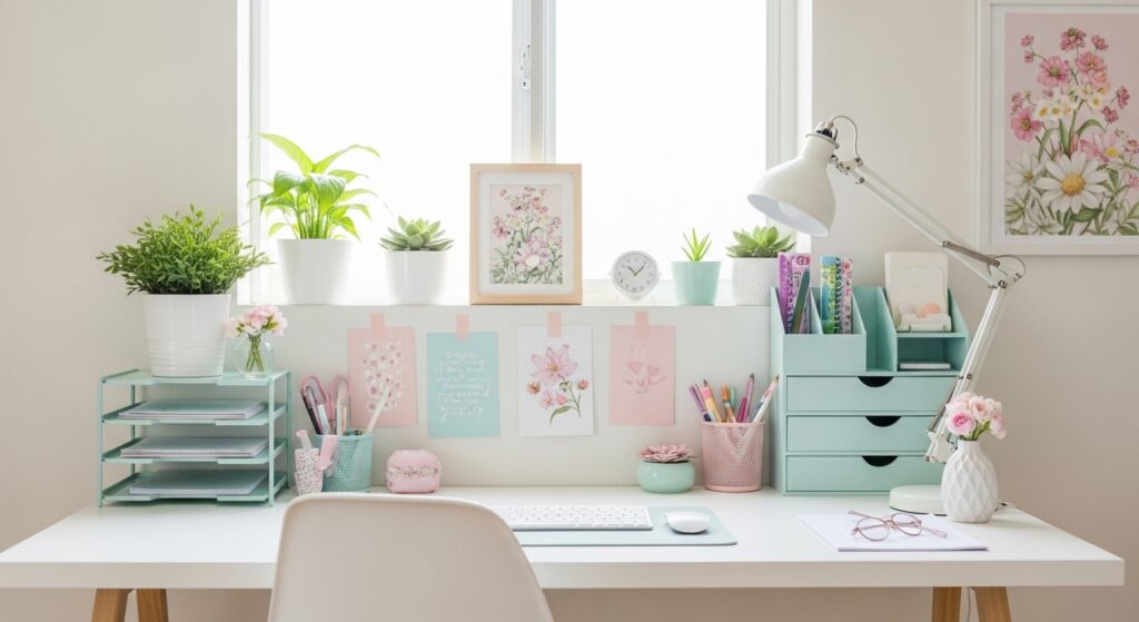 Bright home office with plants and pastel decor