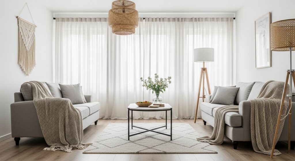 Living room with airy curtains and light fabrics