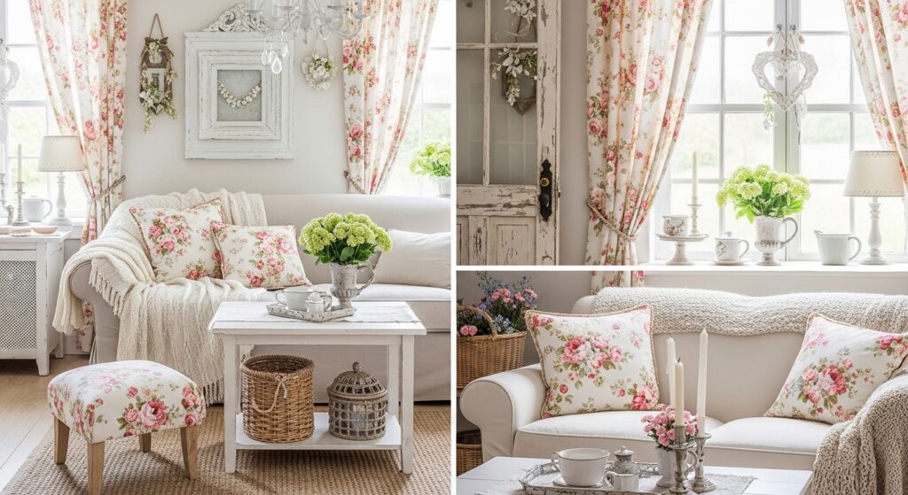 Cozy cottage-style living room with floral accents