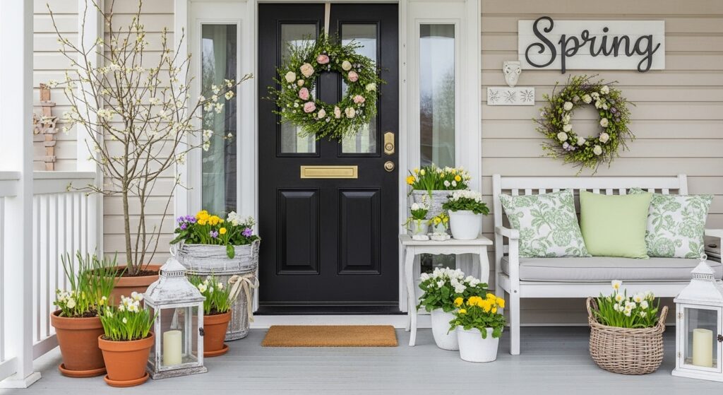  Front porch with spring flowers and decor accents