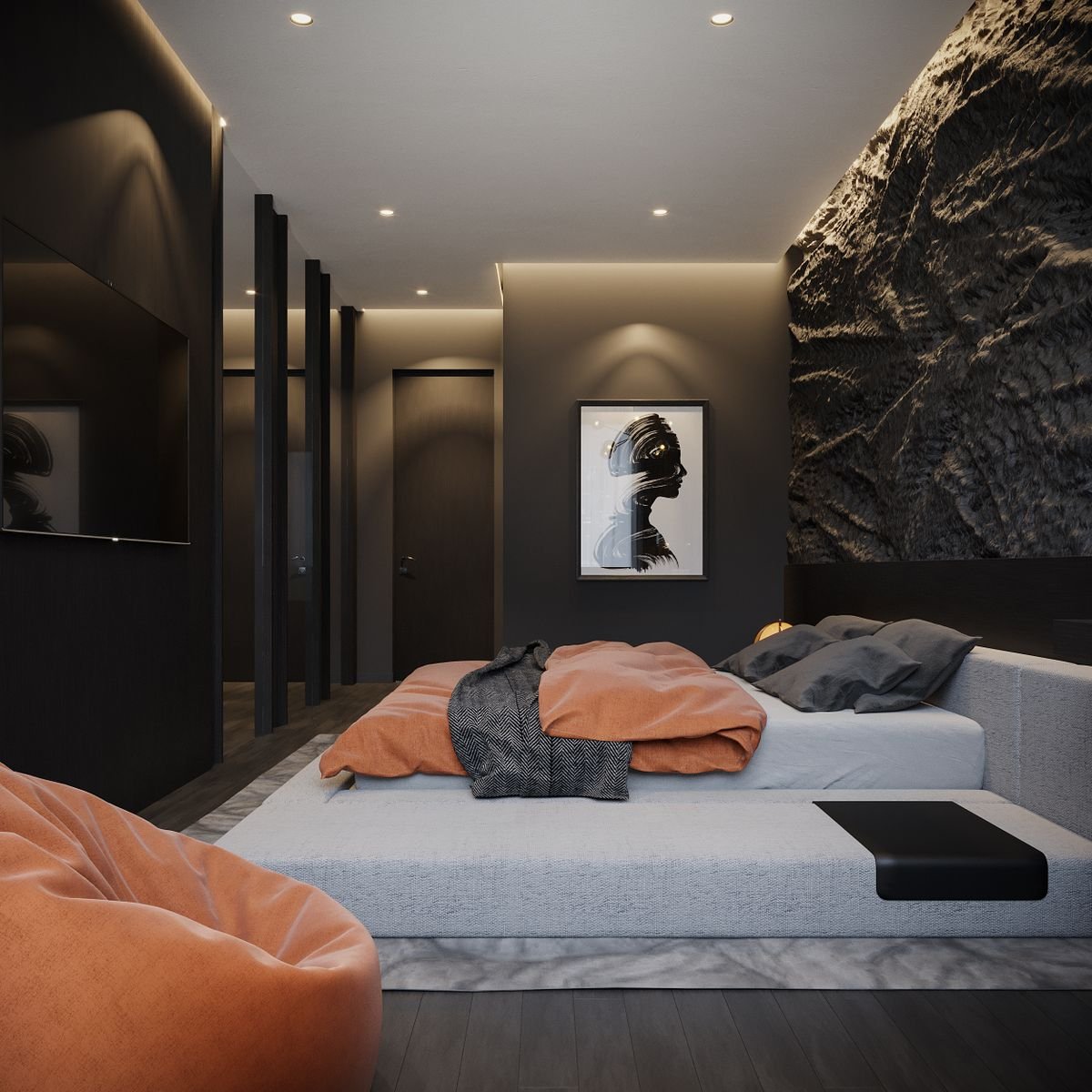 Bedroom with black and burnt orange bedding for halloween decor