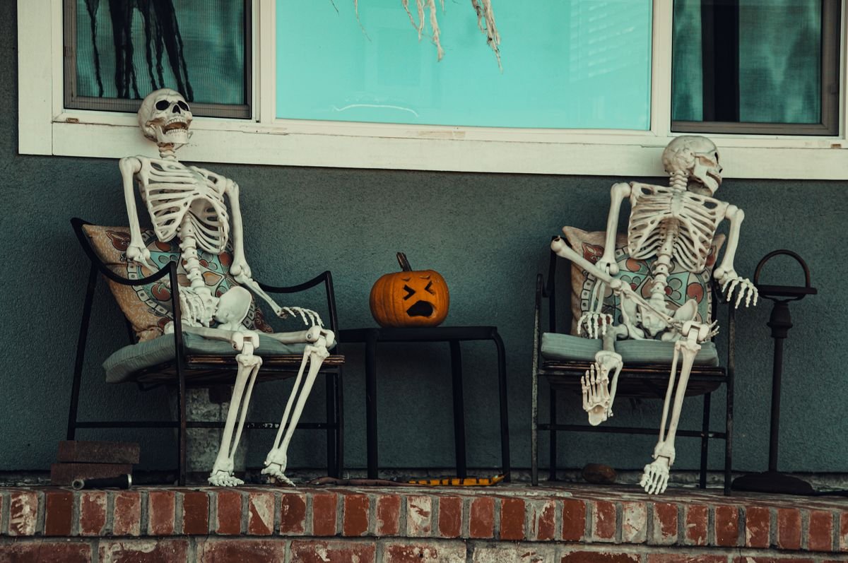 Skeleton decoration standing in an entry hall for halloween