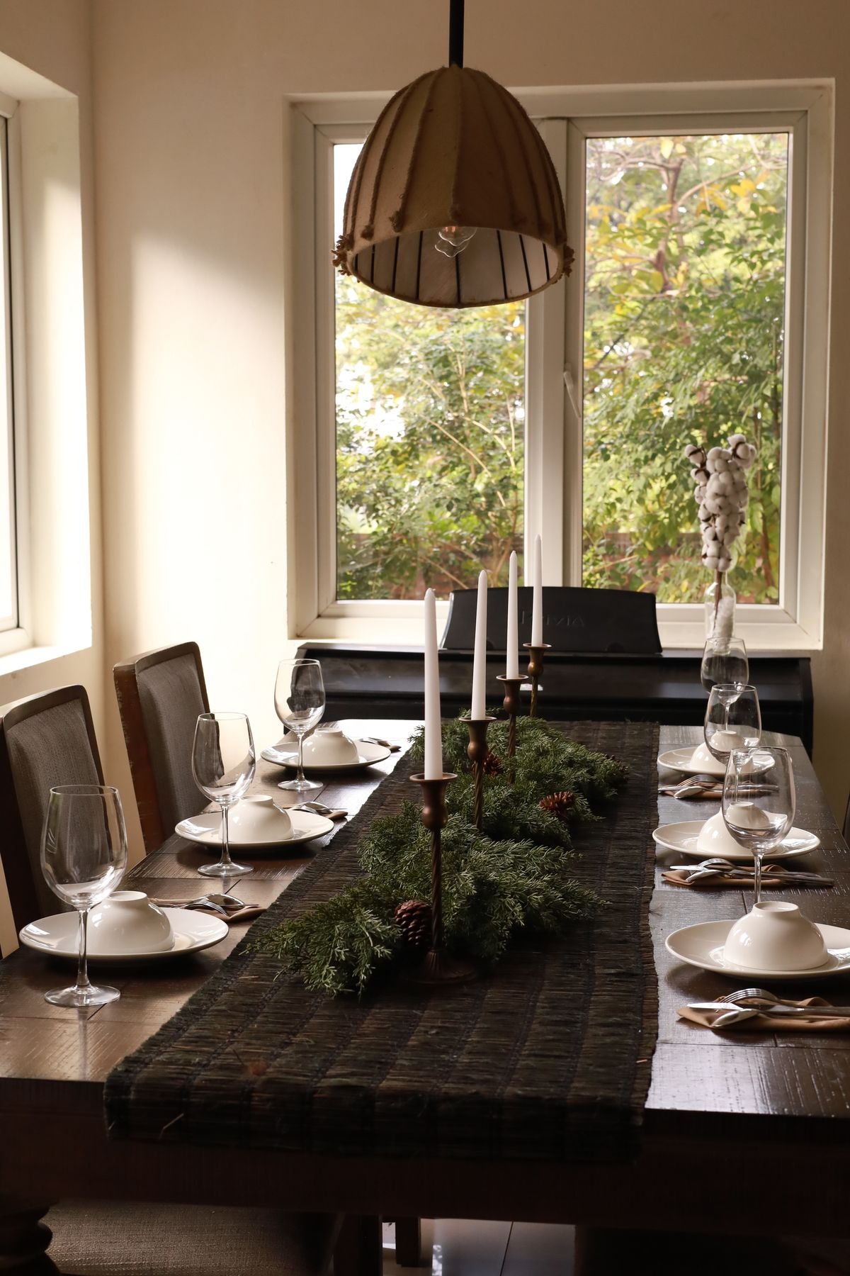 Harvest table runner with black taper candles for halloween fall table decor