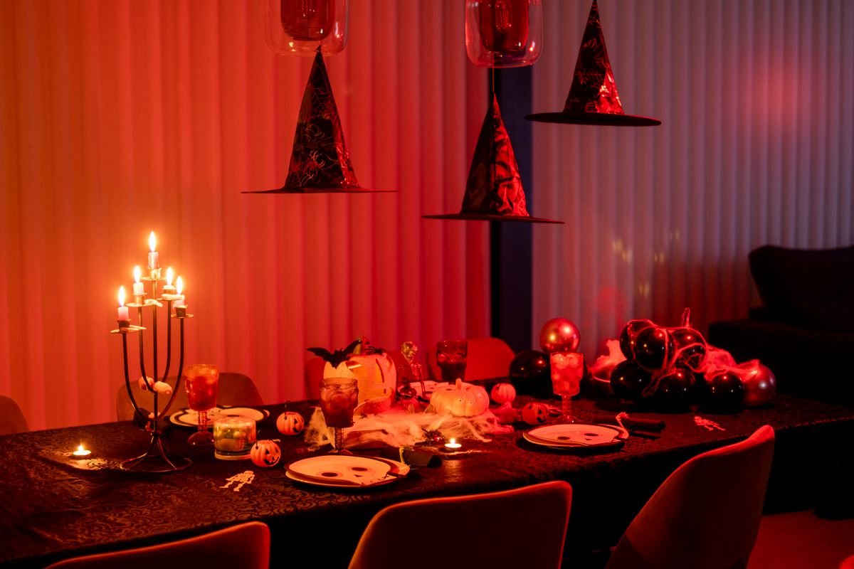 Spiderweb table runner with gothic Halloween living room decor