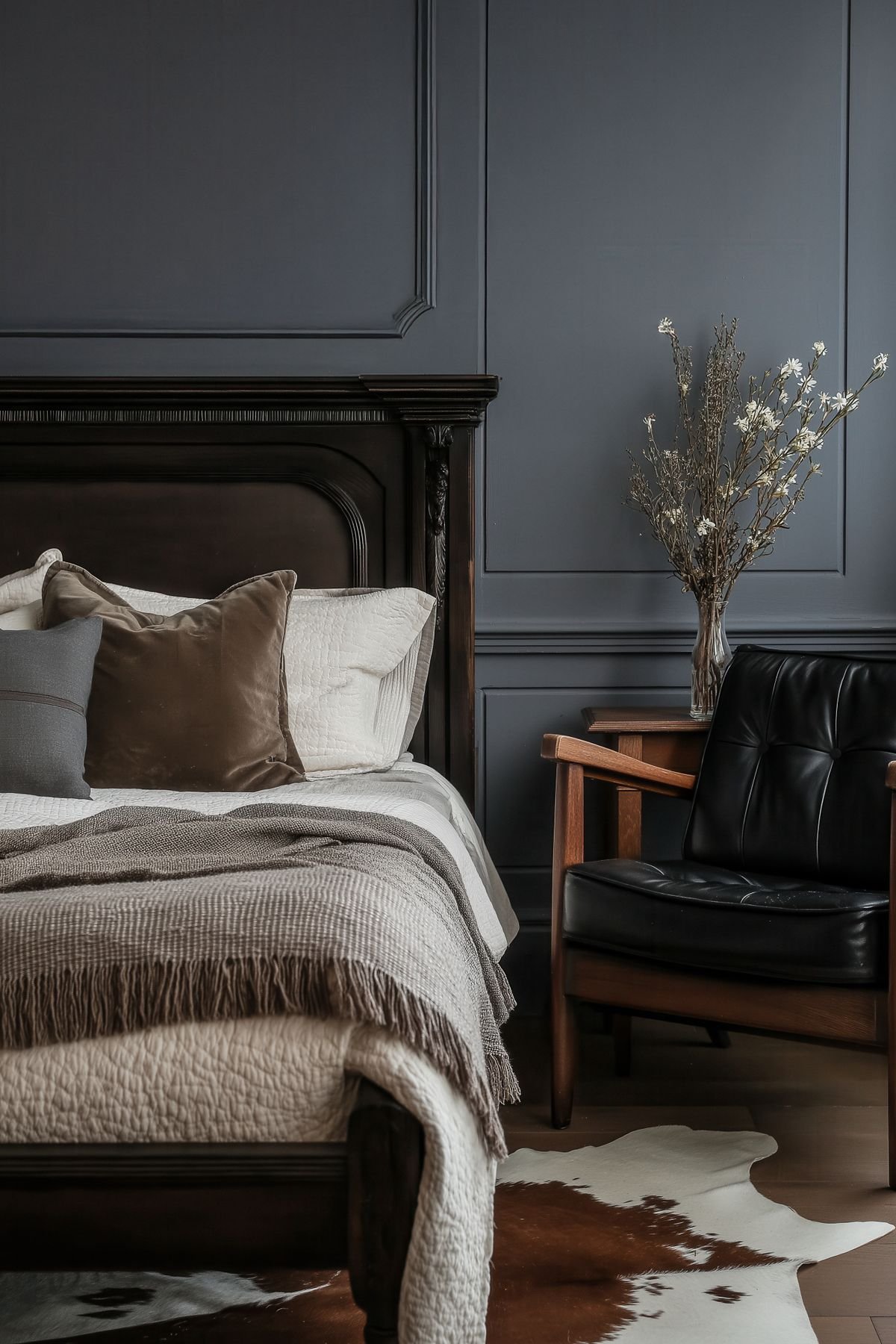 Bed dressed with a dark autumn throw