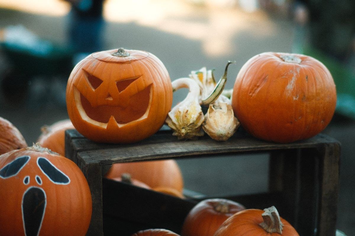 Jack-o-lanterns and pumpkins on a rustic crate for Halloween decor